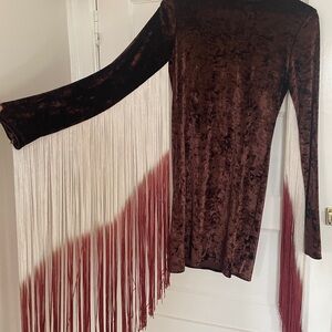 Sugar high lovestoned Brown Velvet Long Sleeve Dress with Fringe